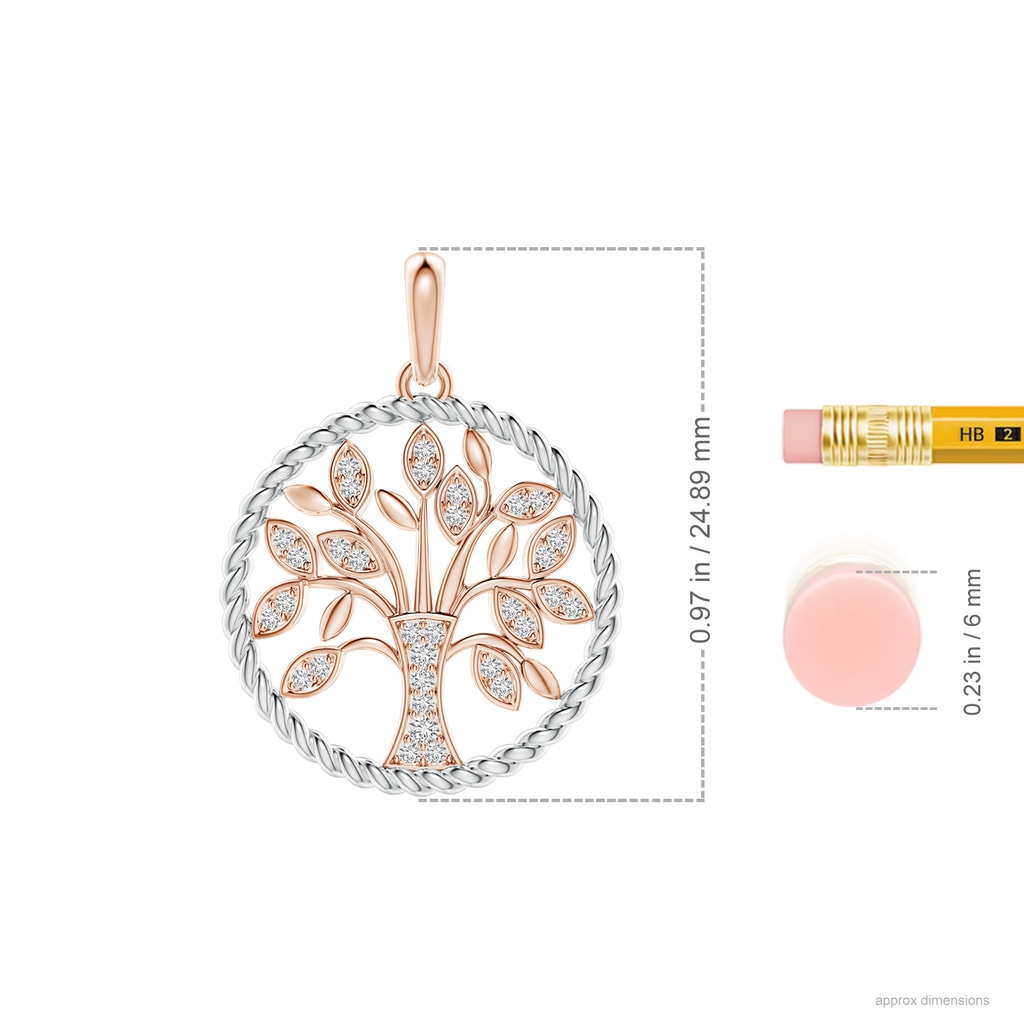 1.3mm HSI2 Two Tone Effect Tree of Life Diamond Pendant with Twisted Rope Halo in Rose Gold Ruler