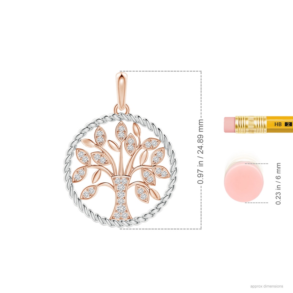 1.3mm HSI2 Two Tone Effect Tree of Life Diamond Pendant with Twisted Rope Halo in Rose Gold ruler