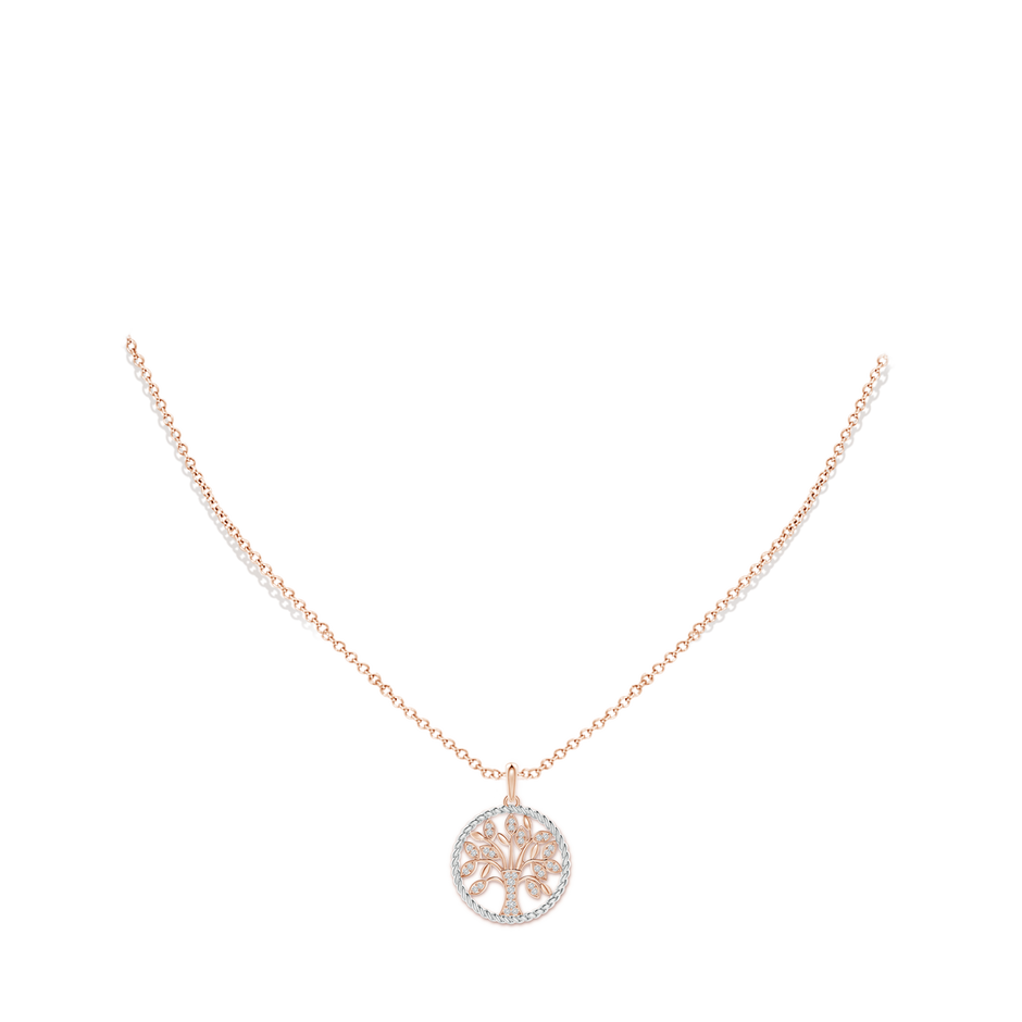 1.3mm HSI2 Two Tone Effect Tree of Life Diamond Pendant with Twisted Rope Halo in Rose Gold body-neck