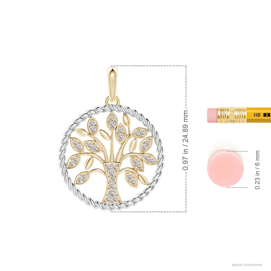 1.3mm IJI1I2 Two Tone Effect Tree of Life Diamond Pendant with Twisted Rope Halo in Yellow Gold ruler