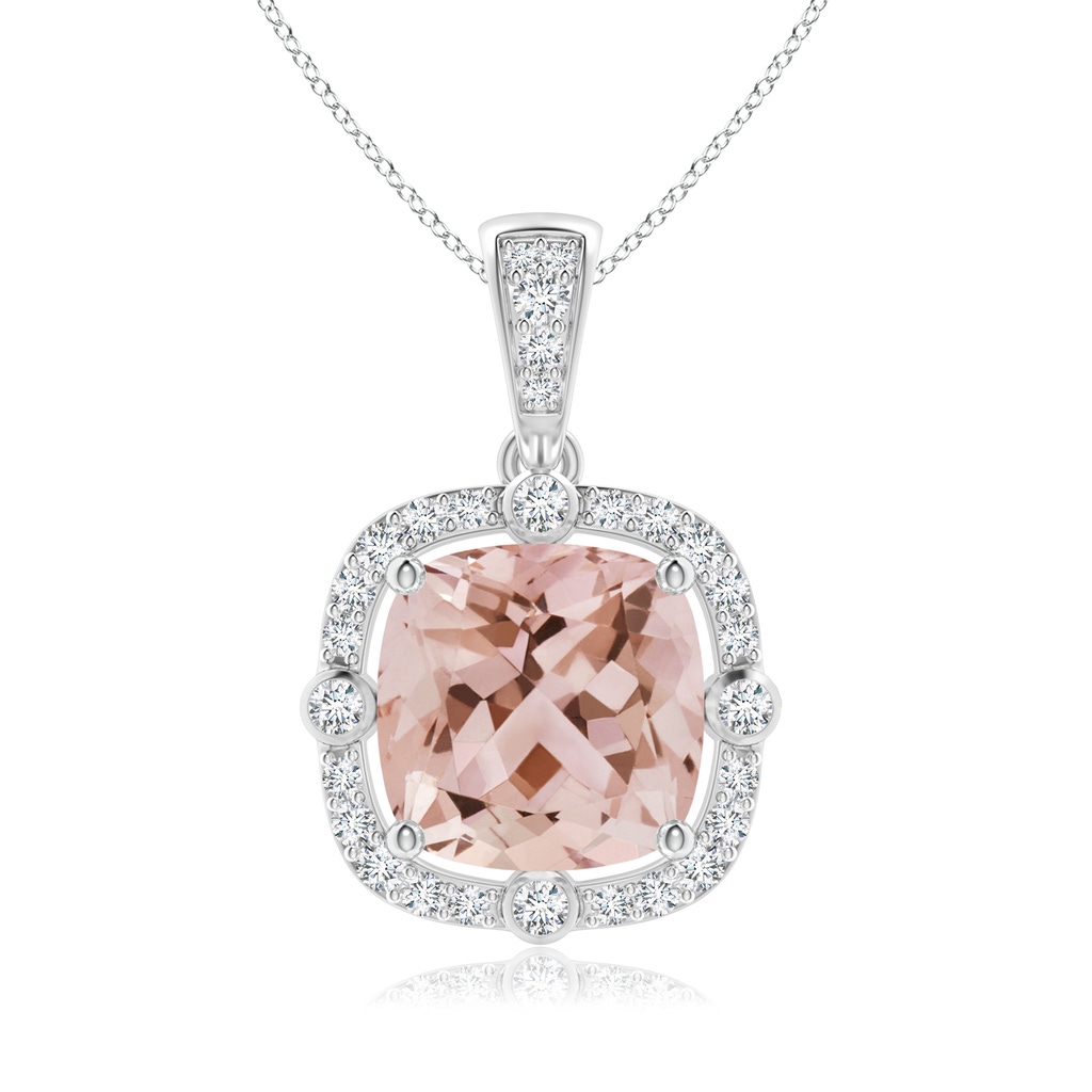 8mm AAA Cushion Morganite Halo Pendant with Bezel-Set Accents in White Gold