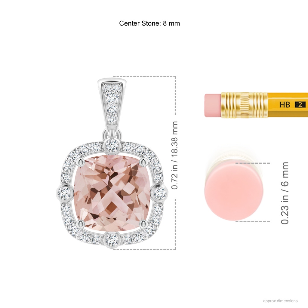 8mm AAA Cushion Morganite Halo Pendant with Bezel-Set Accents in White Gold Ruler