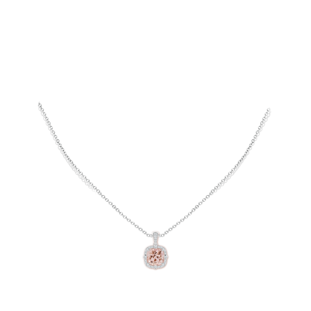 8mm AAA Cushion Morganite Halo Pendant with Bezel-Set Accents in White Gold Body-Neck