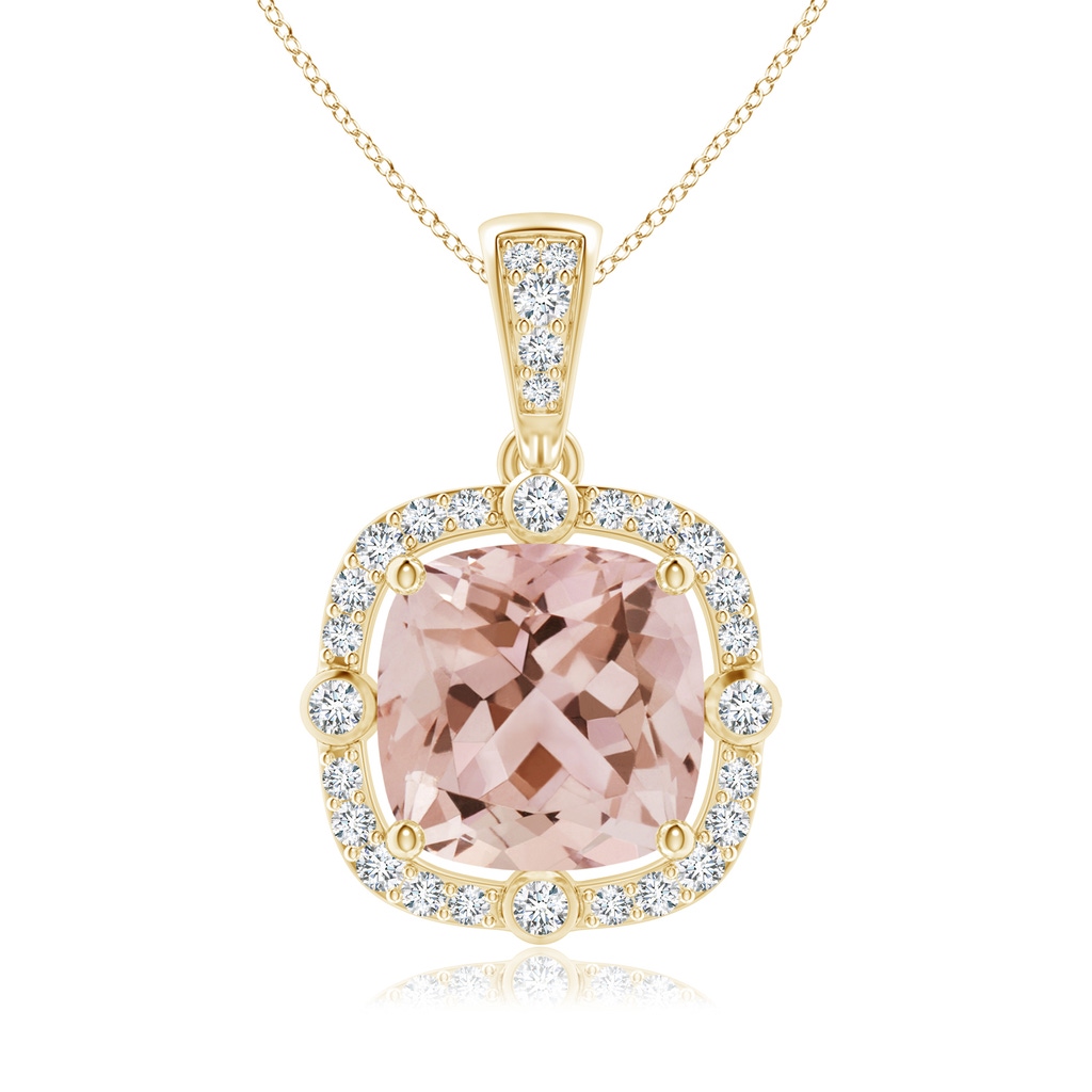 8mm AAA Cushion Morganite Halo Pendant with Bezel-Set Accents in Yellow Gold