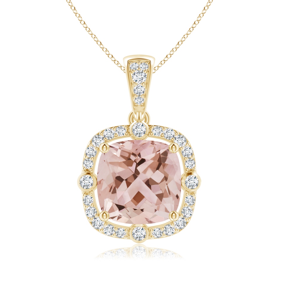 8mm AAA Cushion Morganite Halo Pendant with Bezel-Set Accents in Yellow Gold 