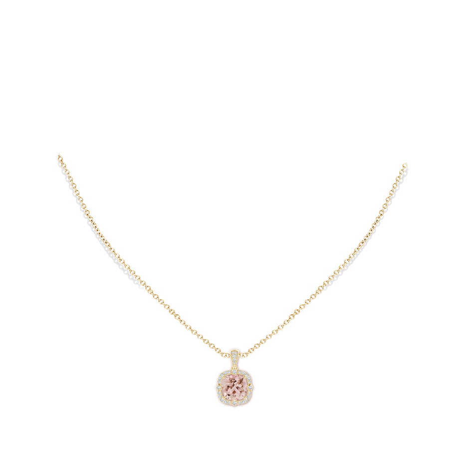 8mm AAA Cushion Morganite Halo Pendant with Bezel-Set Accents in Yellow Gold body-neck