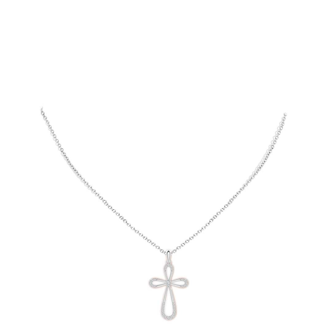 2mm HSI2 Diamond Infinity Bow Cross Pendant with Bezel-Set Accent in 18K White Gold - body_neck
