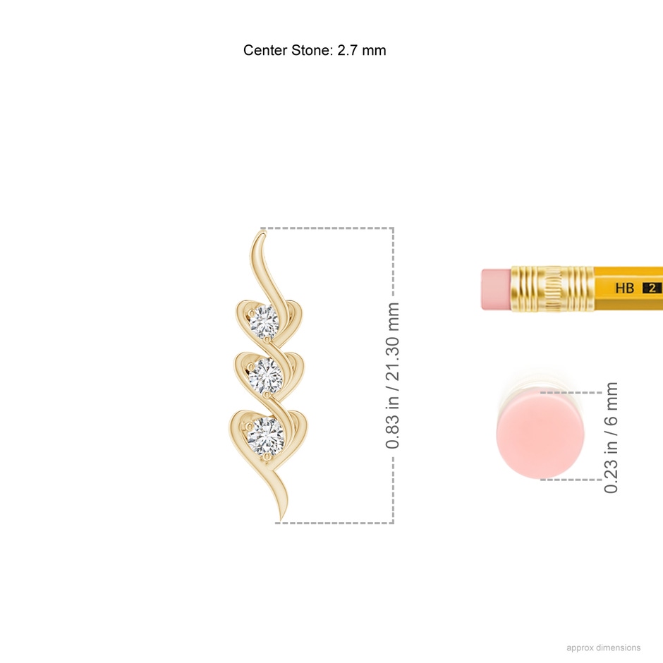 2.7mm HSI2 Three Stone Diamond Heart Pendant in Yellow Gold ruler