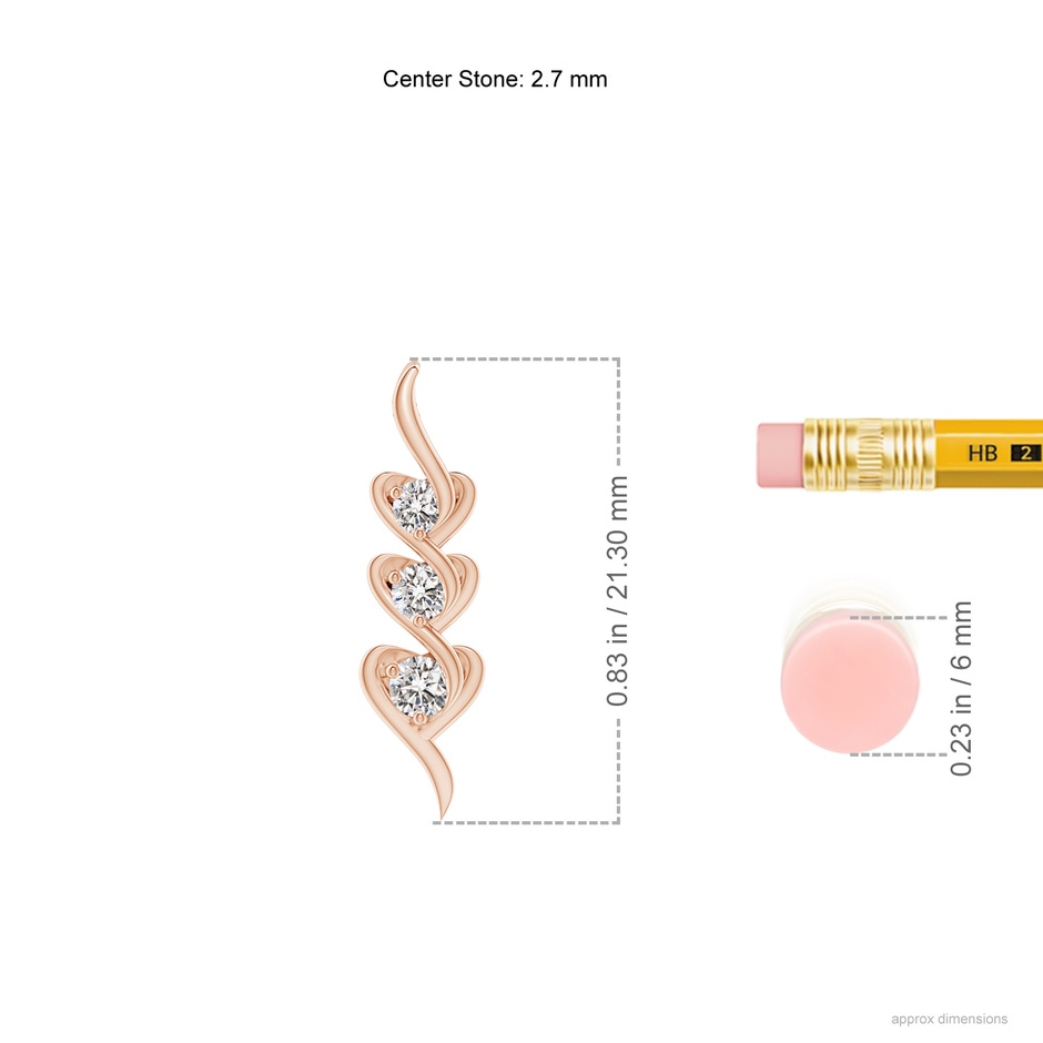 2.7mm IJI1I2 Three Stone Diamond Heart Pendant in Rose Gold ruler