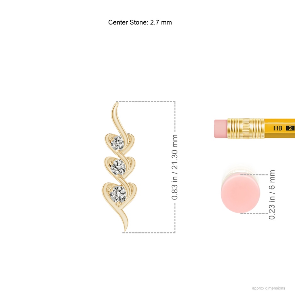 2.7mm KI3 Three Stone Diamond Heart Pendant in Yellow Gold ruler