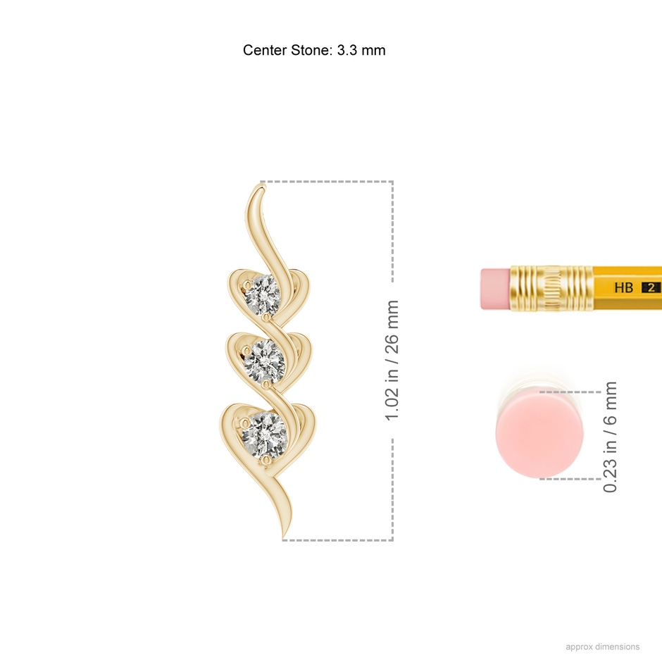 3.3mm KI3 Three Stone Diamond Heart Pendant in Yellow Gold ruler