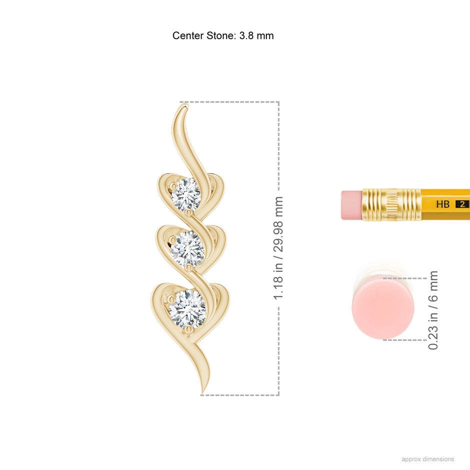 3.8mm GVS2 Three Stone Diamond Heart Pendant in Yellow Gold ruler