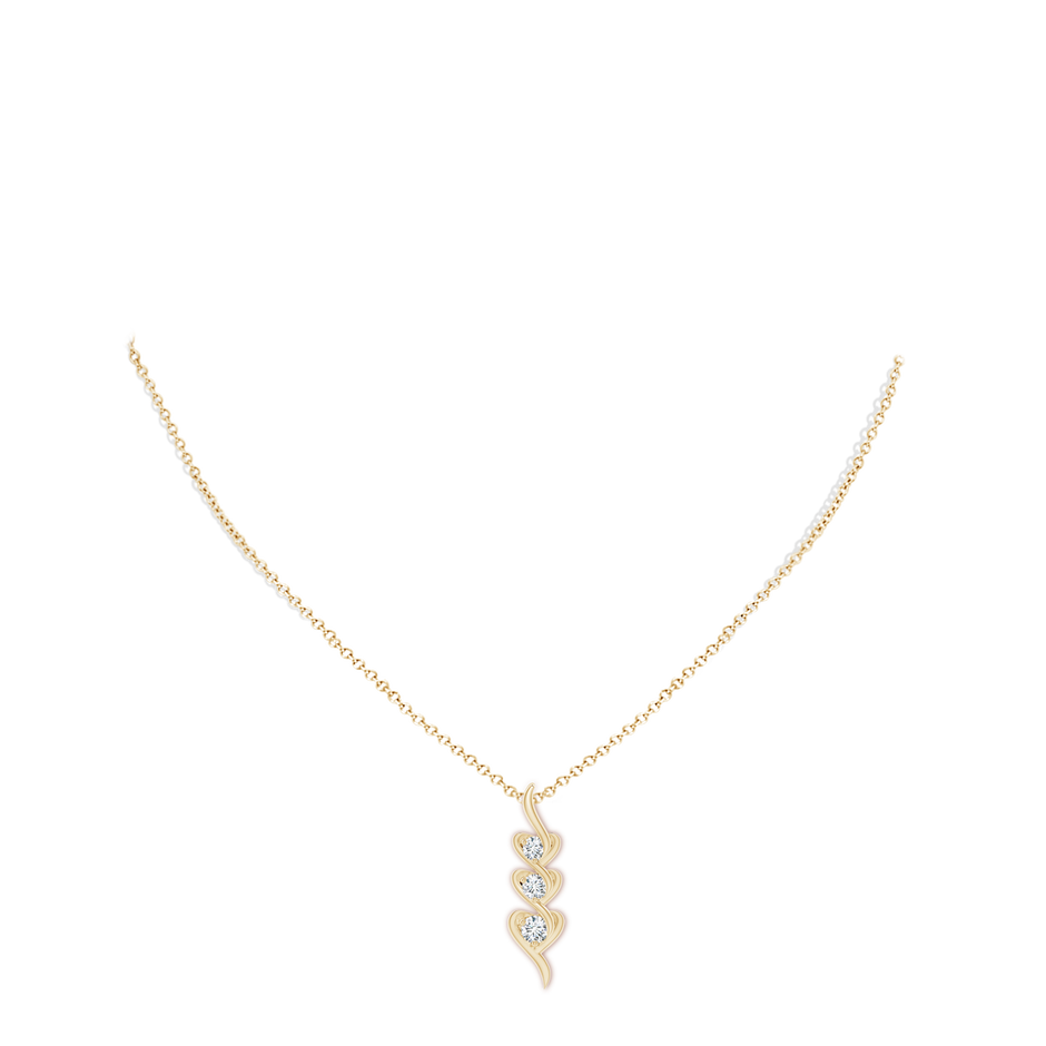3.8mm GVS2 Three Stone Diamond Heart Pendant in Yellow Gold body-neck