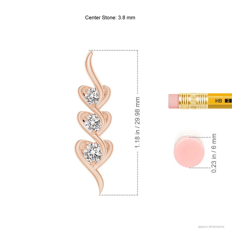 3.8mm IJI1I2 Three Stone Diamond Heart Pendant in Rose Gold ruler