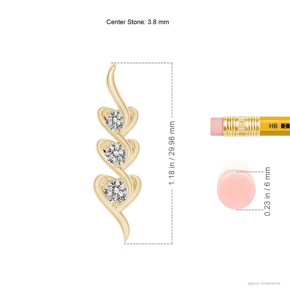 3.8mm KI3 Three Stone Diamond Heart Pendant in Yellow Gold ruler