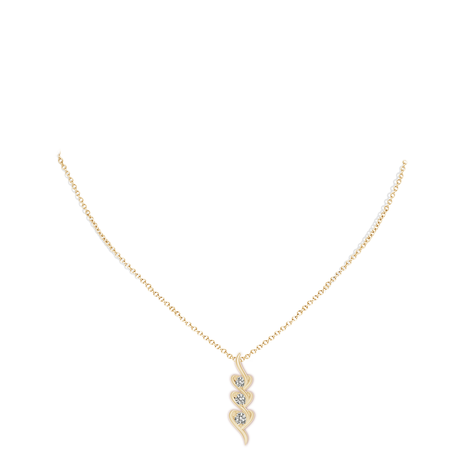3.8mm KI3 Three Stone Diamond Heart Pendant in Yellow Gold body-neck