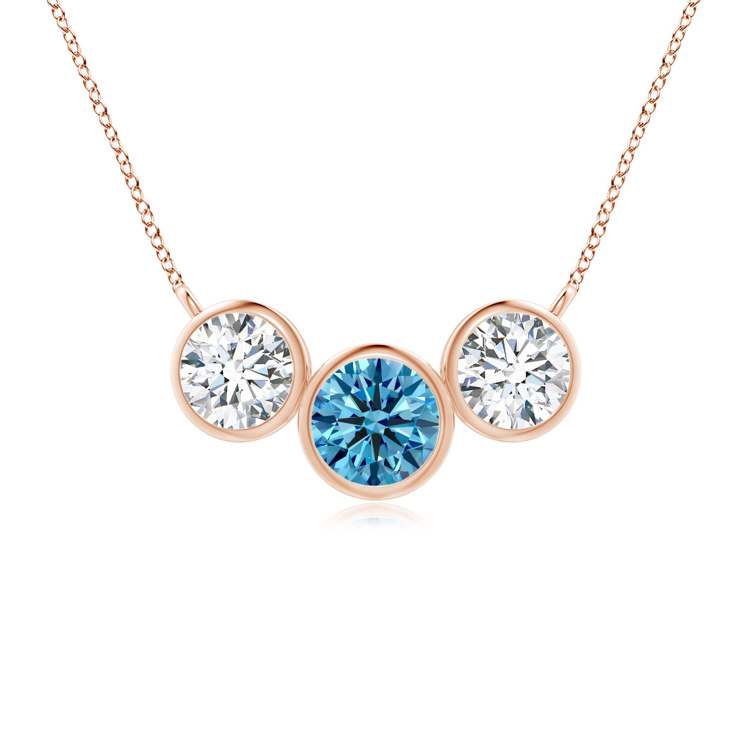 Angara 0.99 CTW Three Stone Bezel-Set Round Fancy Intense Blue and White Diamond Pendant in 18K Rose Gold