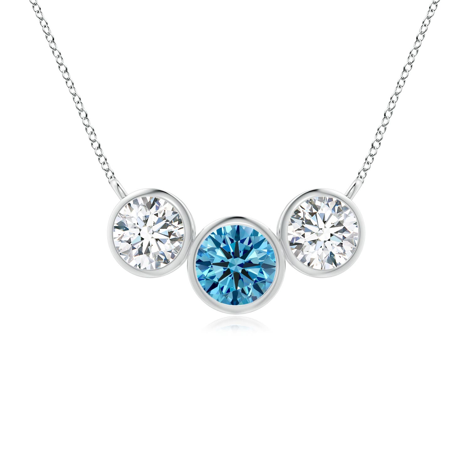 Angara 0.99 CTW Three Stone Bezel-Set Round Fancy Intense Blue and White Diamond Pendant in 18K White Gold