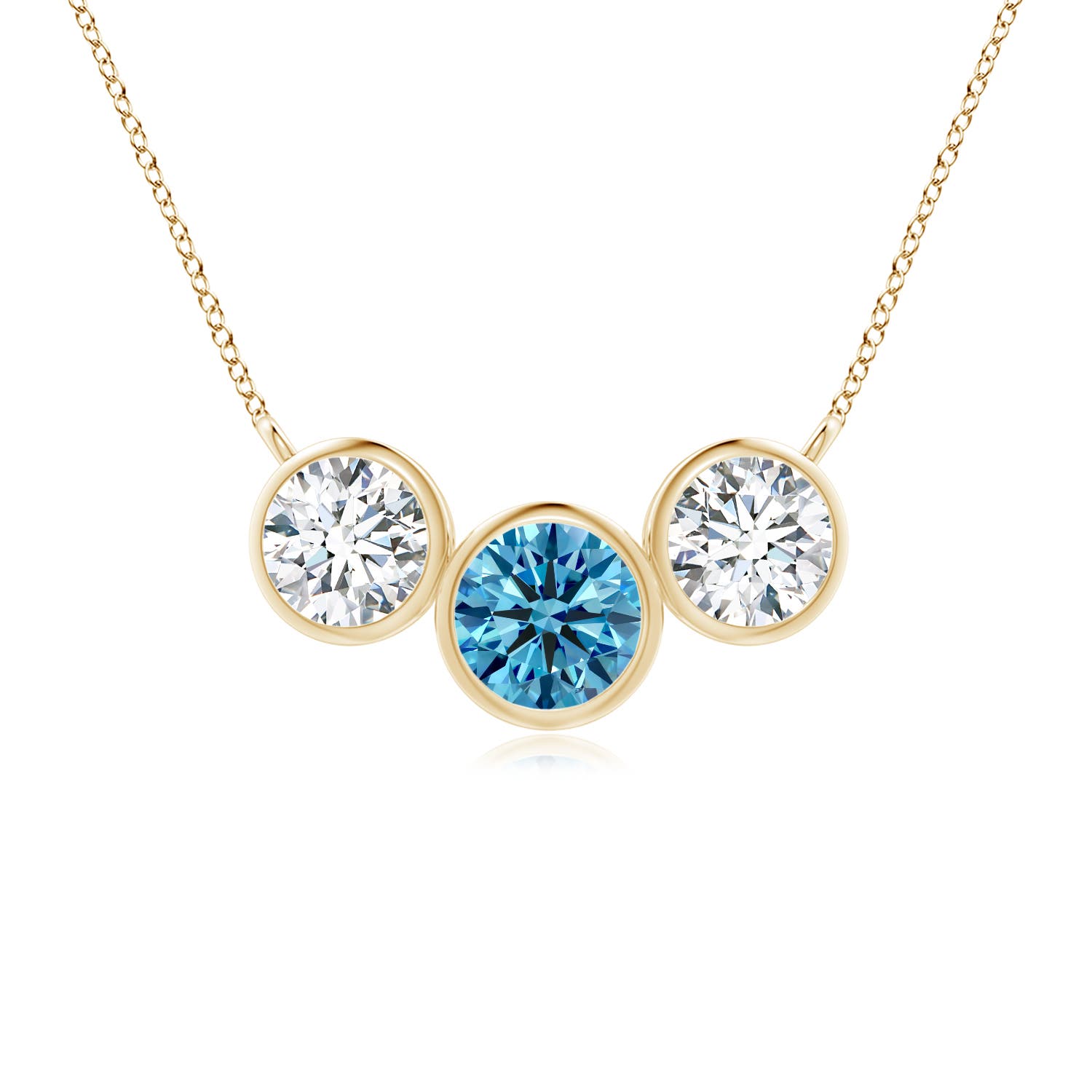 Angara 0.99 CTW Three Stone Bezel-Set Round Fancy Intense Blue and White Diamond Pendant in 18K Yellow Gold