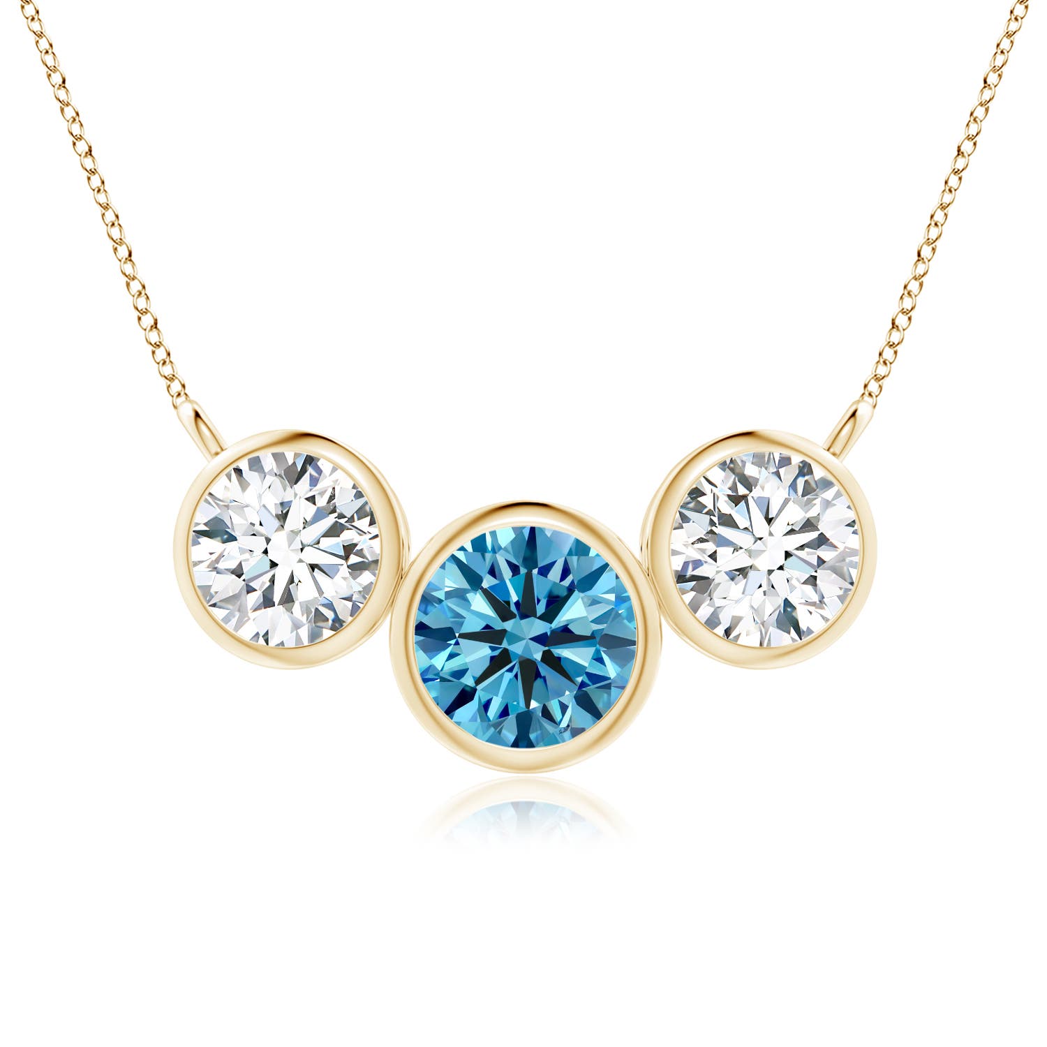 Angara 3.06 CTW Three Stone Bezel-Set Round Fancy Intense Blue and White Diamond Pendant in 14K Yellow Gold