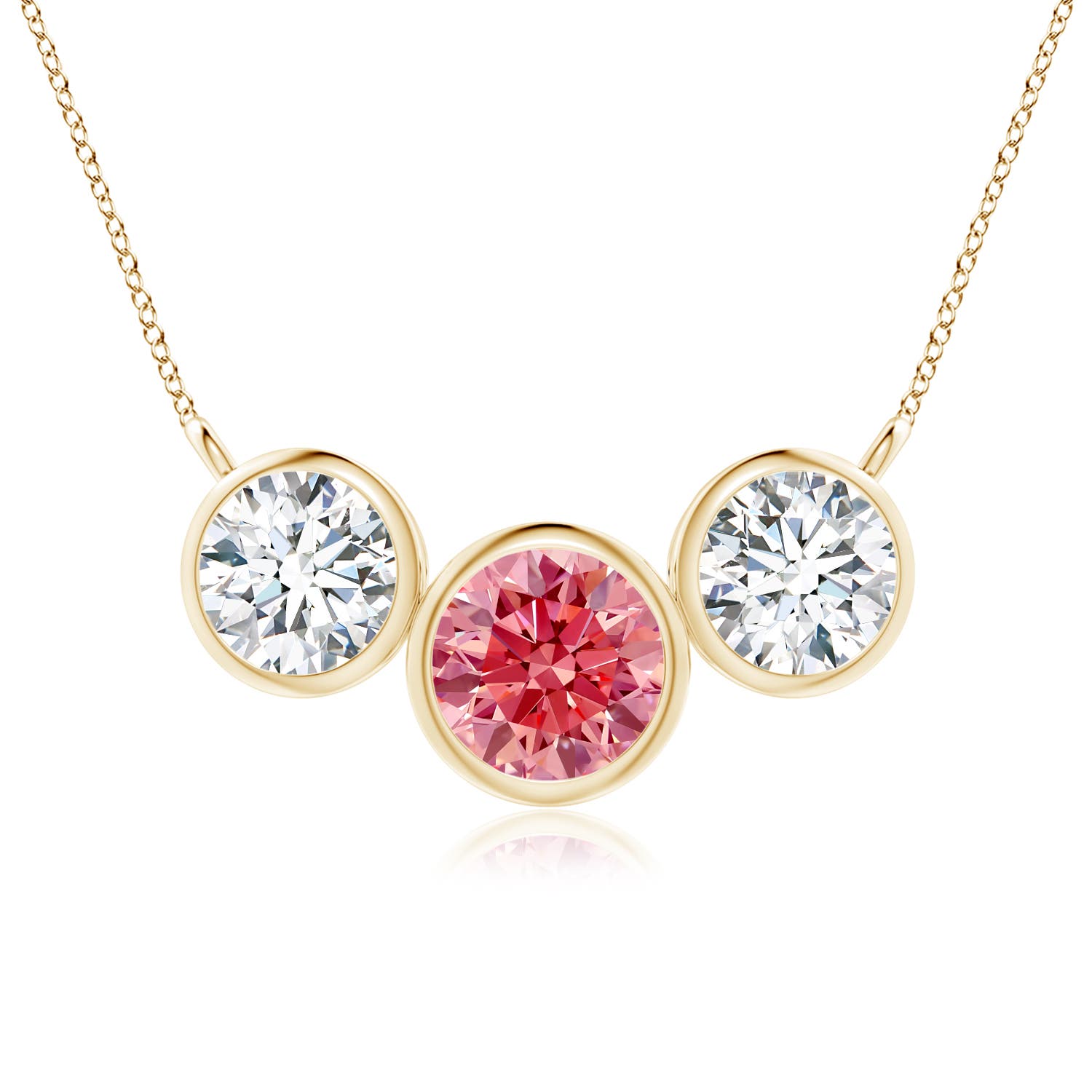 Angara 3.06 CTW Three Stone Bezel-Set Round Fancy Intense Pink and White Diamond Pendant in 14K Yellow Gold