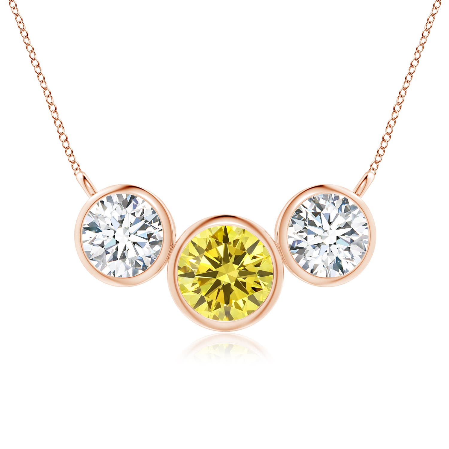 Angara 3.06 CTW Three Stone Bezel-Set Round Fancy Intense Yellow and White Diamond Pendant in 18K Rose Gold