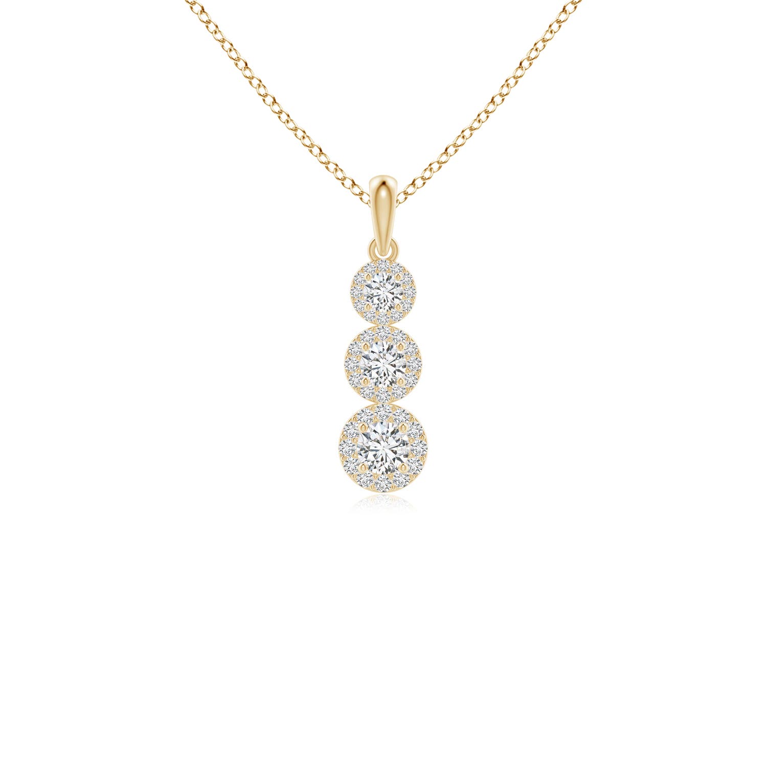 3.5mm HSI2 Three Stone Graduated Diamond Pendant with Halo in 18K Yellow Gold