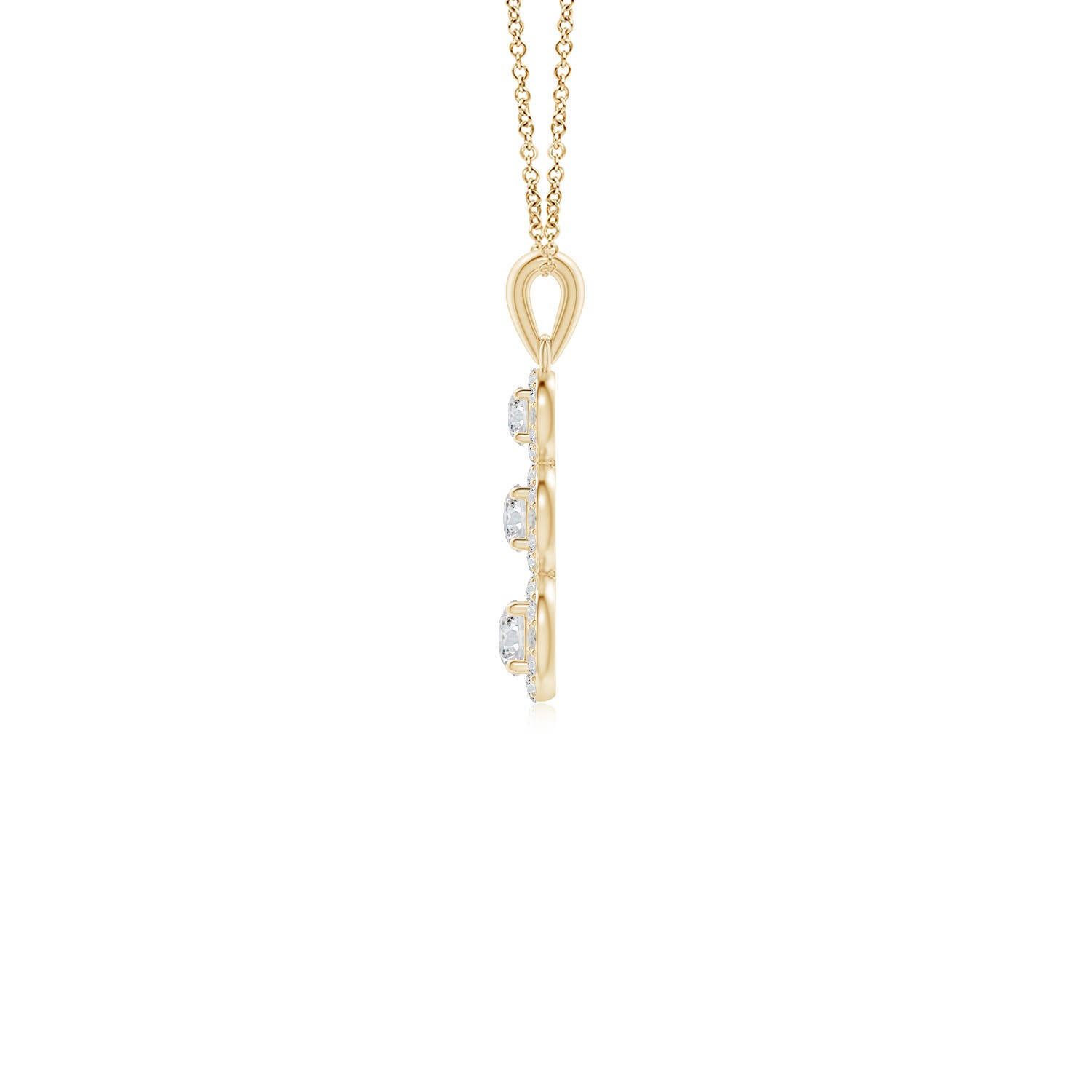 3.5mm HSI2 Three Stone Graduated Diamond Pendant with Halo in 18K Yellow Gold