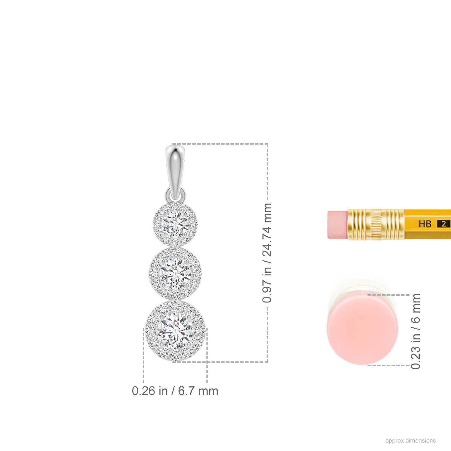 3.5mm HSI2 Three Stone Graduated Diamond Pendant with Halo in White Gold - ruler