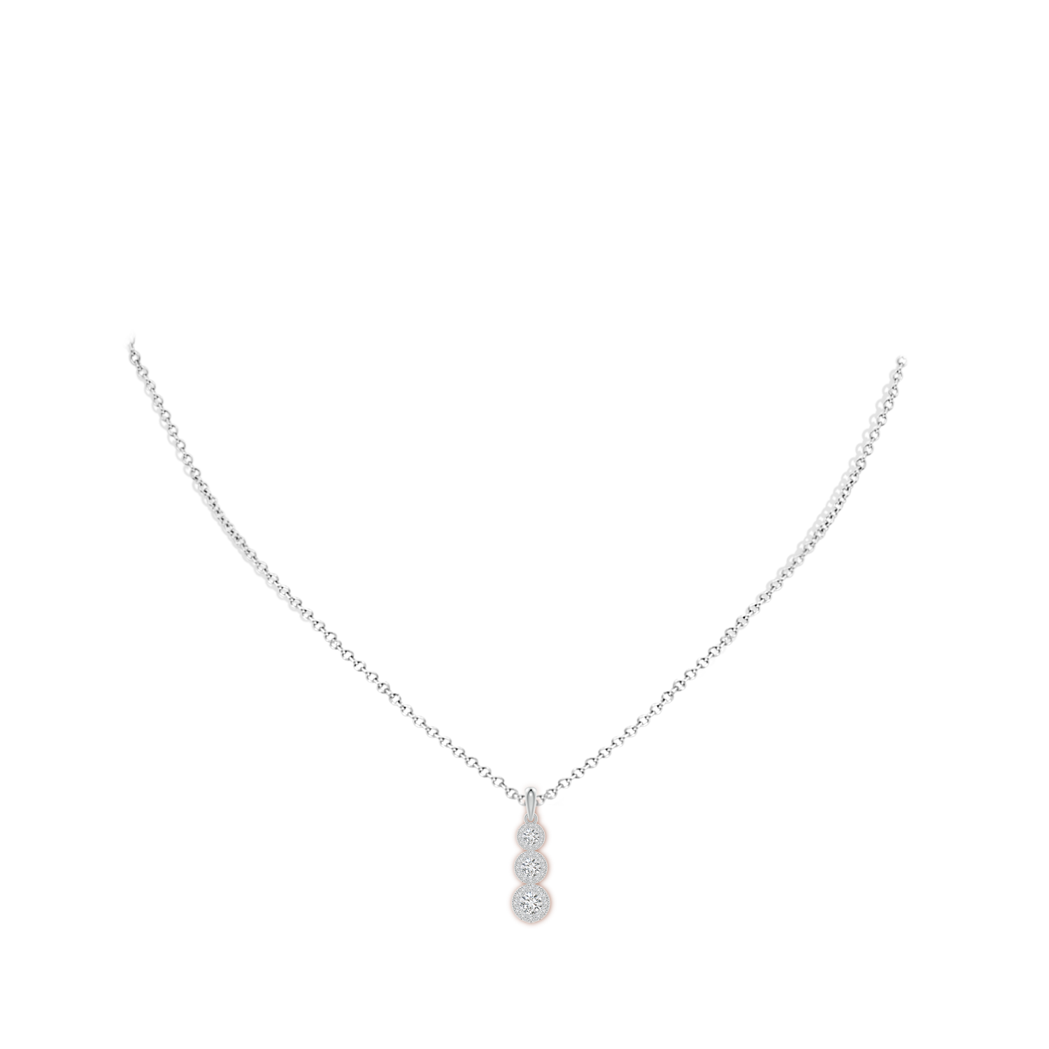 3.5mm HSI2 Three Stone Graduated Diamond Pendant with Halo in White Gold - body_neck