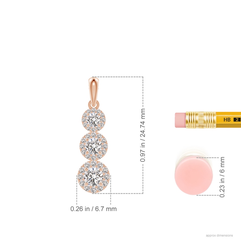 3.5mm IJI1I2 Three Stone Graduated Diamond Pendant with Halo in Rose Gold ruler