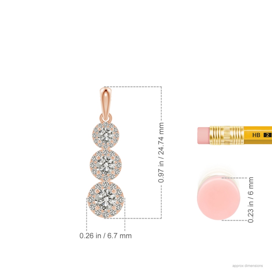 3.5mm KI3 Three Stone Graduated Diamond Pendant with Halo in Rose Gold ruler
