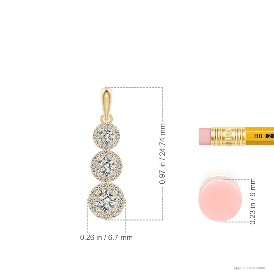 3.5mm KI3 Three Stone Graduated Diamond Pendant with Halo in Yellow Gold ruler