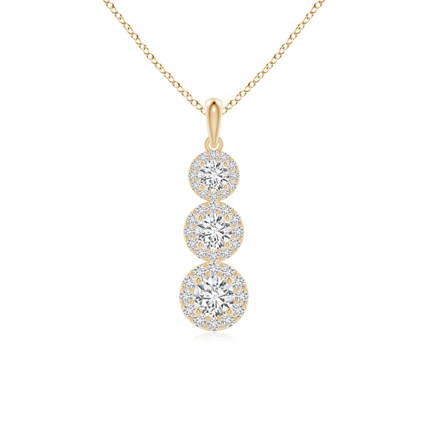 4.4mm HSI2 Three Stone Graduated Diamond Pendant with Halo in Yellow Gold