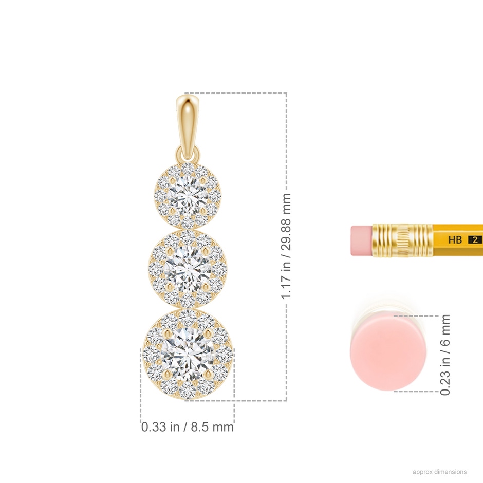 4.4mm HSI2 Three Stone Graduated Diamond Pendant with Halo in Yellow Gold ruler