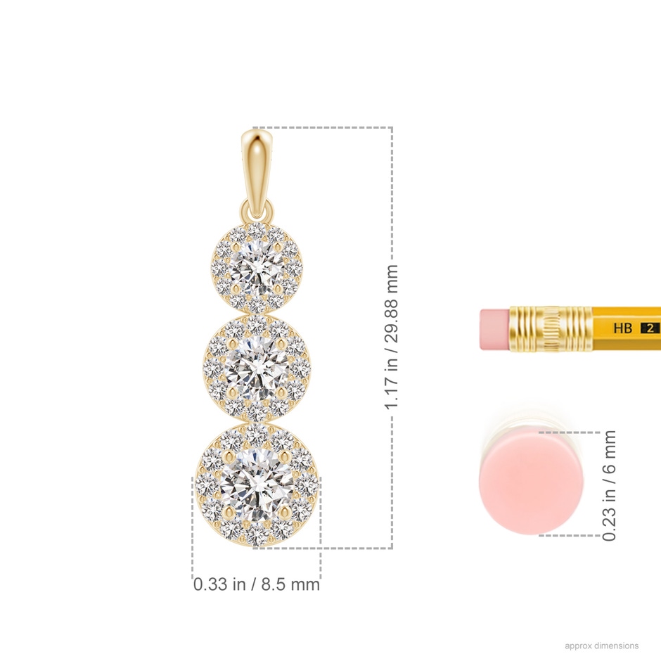 4.4mm IJI1I2 Three Stone Graduated Diamond Pendant with Halo in Yellow Gold ruler
