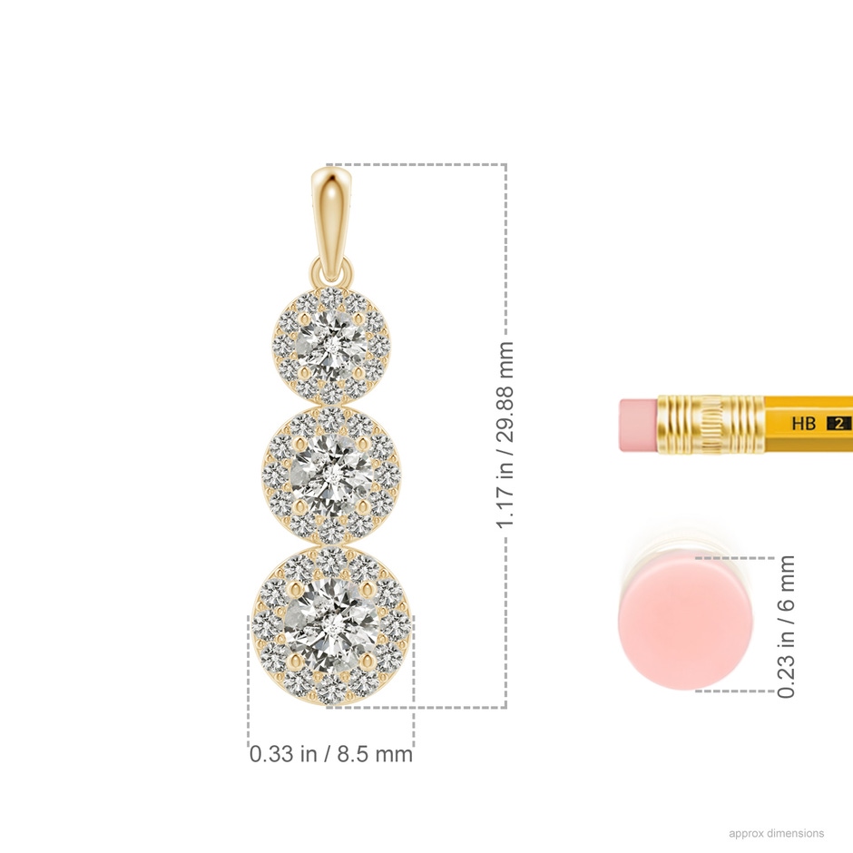 4.4mm KI3 Three Stone Graduated Diamond Pendant with Halo in Yellow Gold ruler