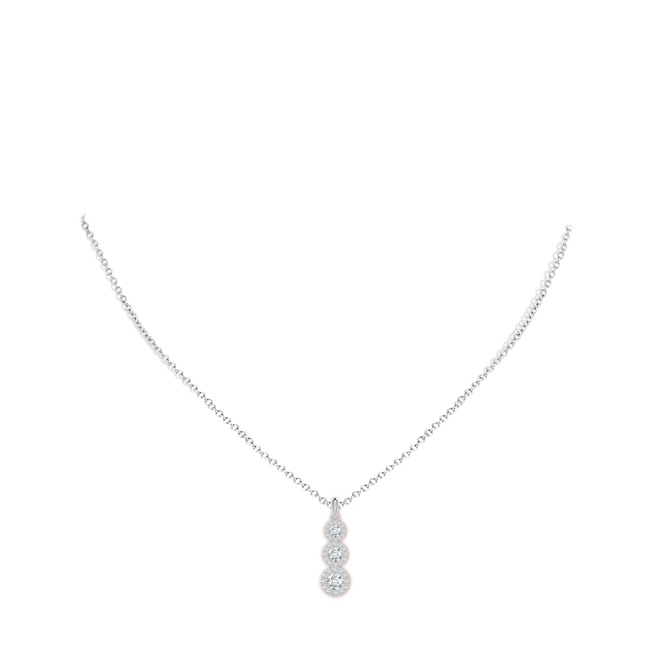 4mm GVS2 Three Stone Graduated Diamond Pendant with Halo in White Gold body-neck