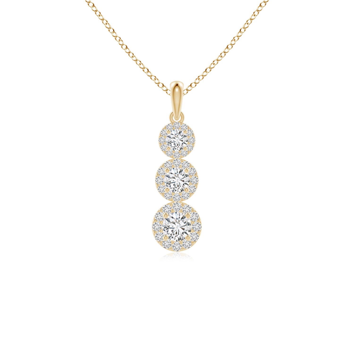 4mm HSI2 Three Stone Graduated Diamond Pendant with Halo in Yellow Gold