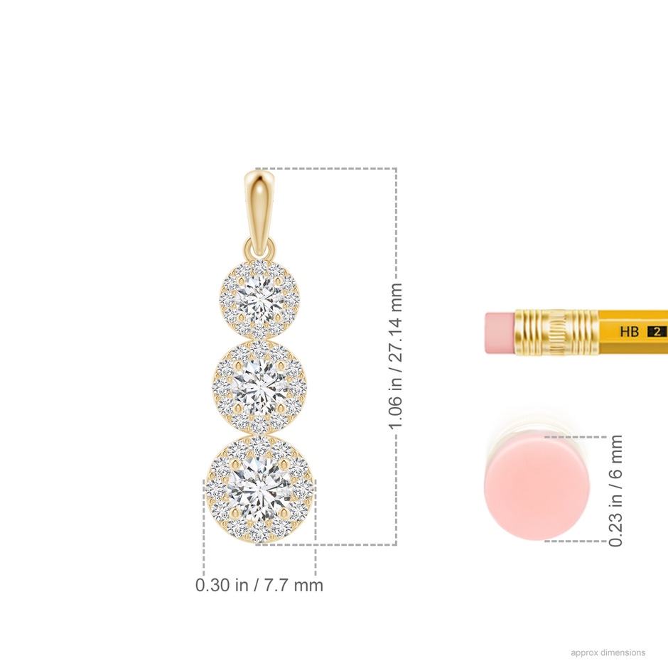 4mm HSI2 Three Stone Graduated Diamond Pendant with Halo in Yellow Gold ruler