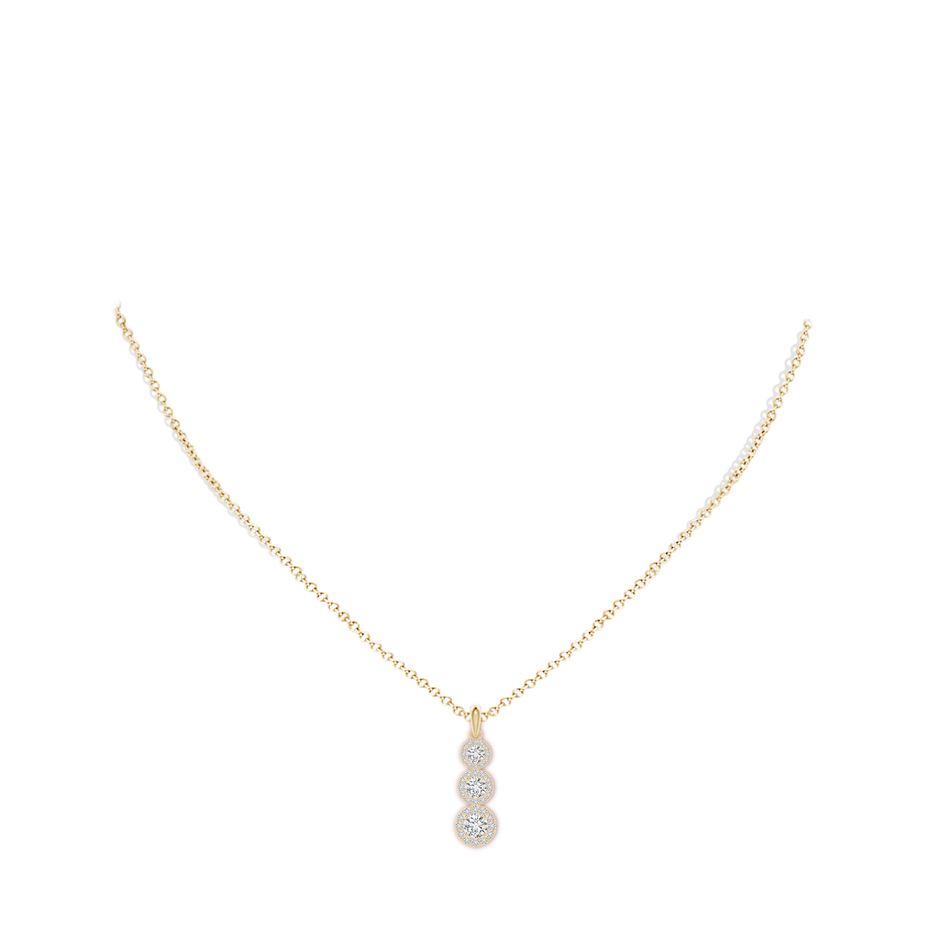 4mm HSI2 Three Stone Graduated Diamond Pendant with Halo in Yellow Gold pen