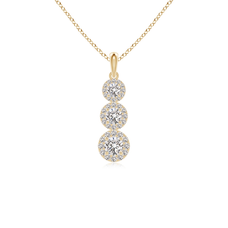 4mm IJI1I2 Three Stone Graduated Diamond Pendant with Halo in Yellow Gold 