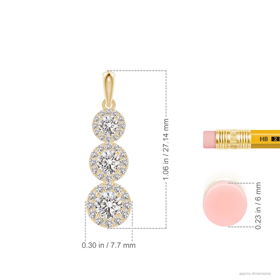 4mm IJI1I2 Three Stone Graduated Diamond Pendant with Halo in Yellow Gold ruler