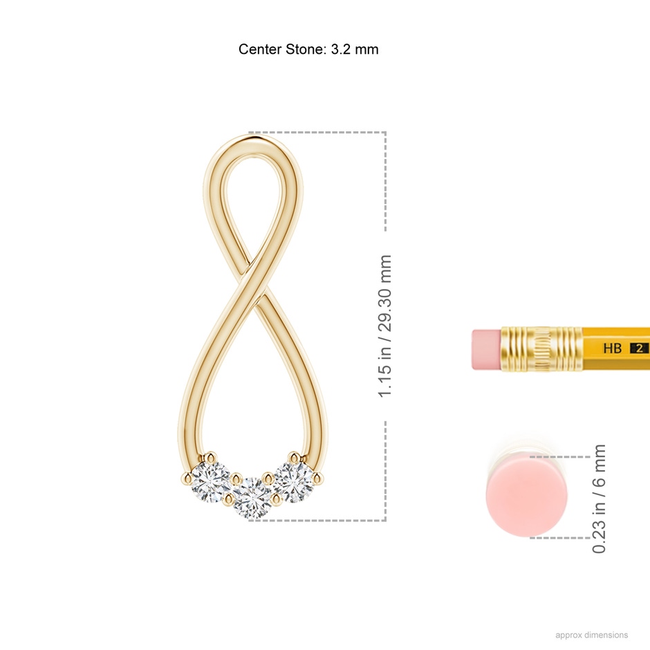 3.2mm HSI2 Three Stone Diamond Infinity Loop Pendant in Yellow Gold ruler