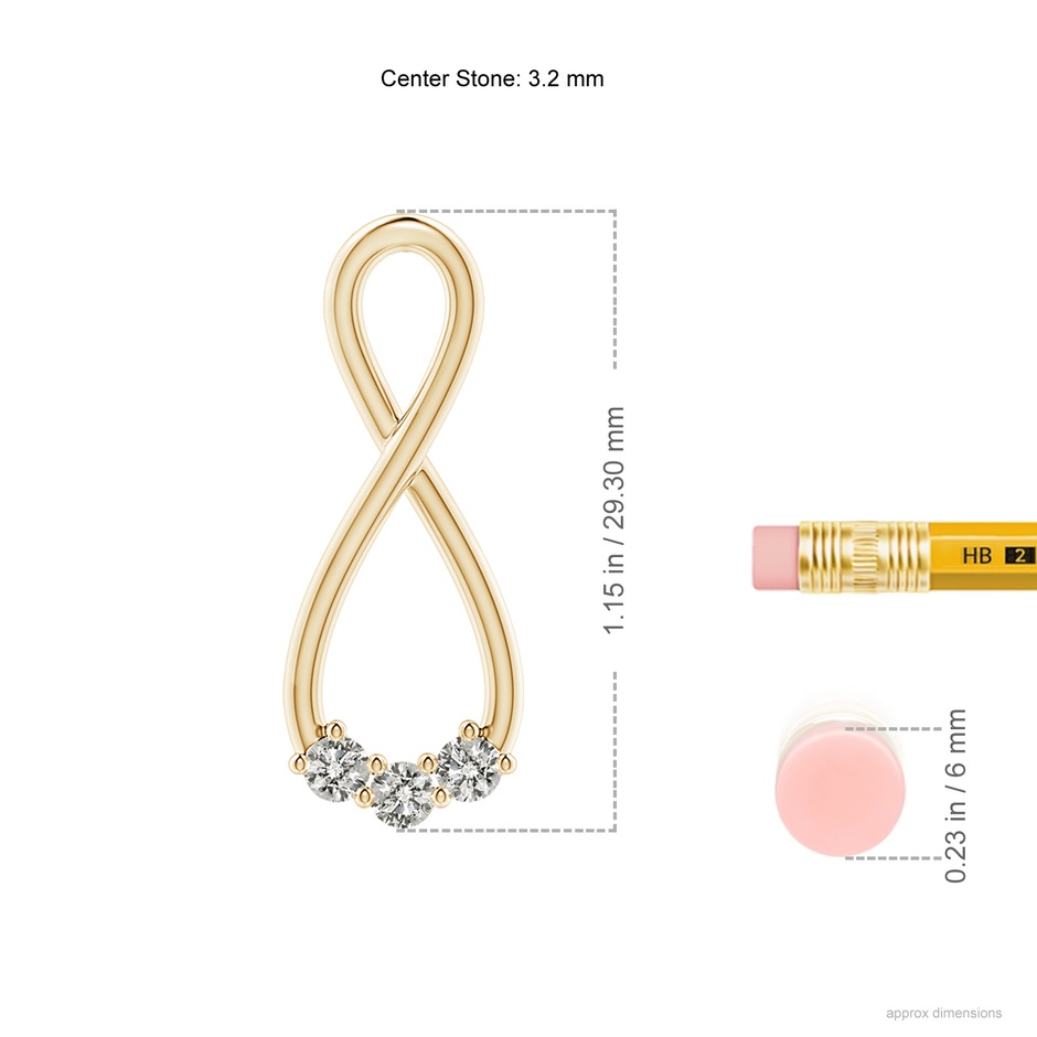 3.2mm KI3 Three Stone Diamond Infinity Loop Pendant in Yellow Gold ruler