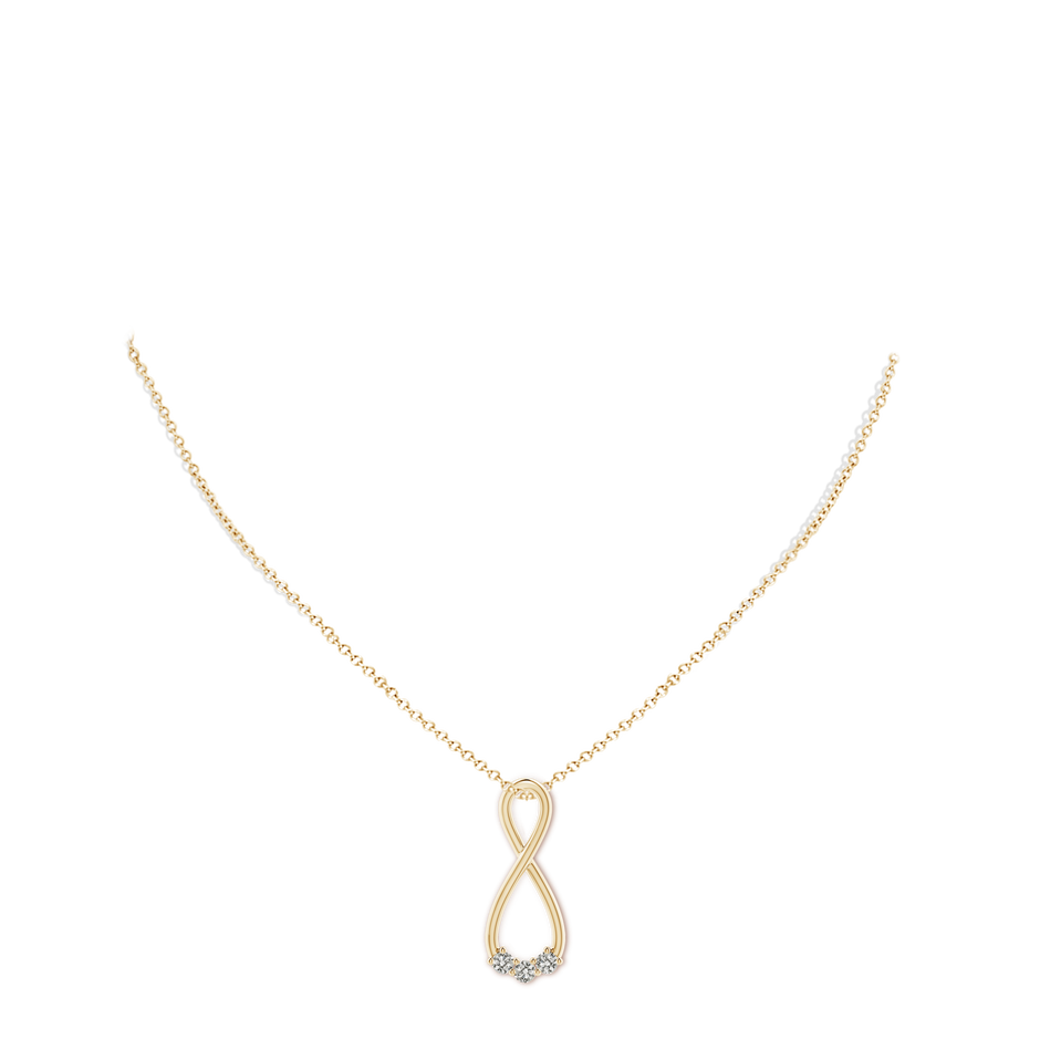 3.2mm KI3 Three Stone Diamond Infinity Loop Pendant in Yellow Gold body-neck