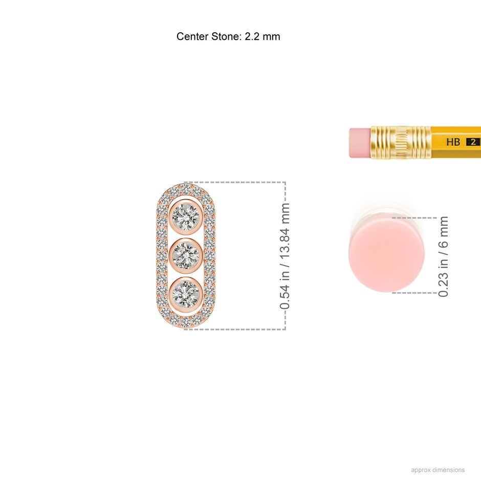 2.2mm KI3 Three Stone Round Diamond Oval Halo Pendant in Rose Gold ruler