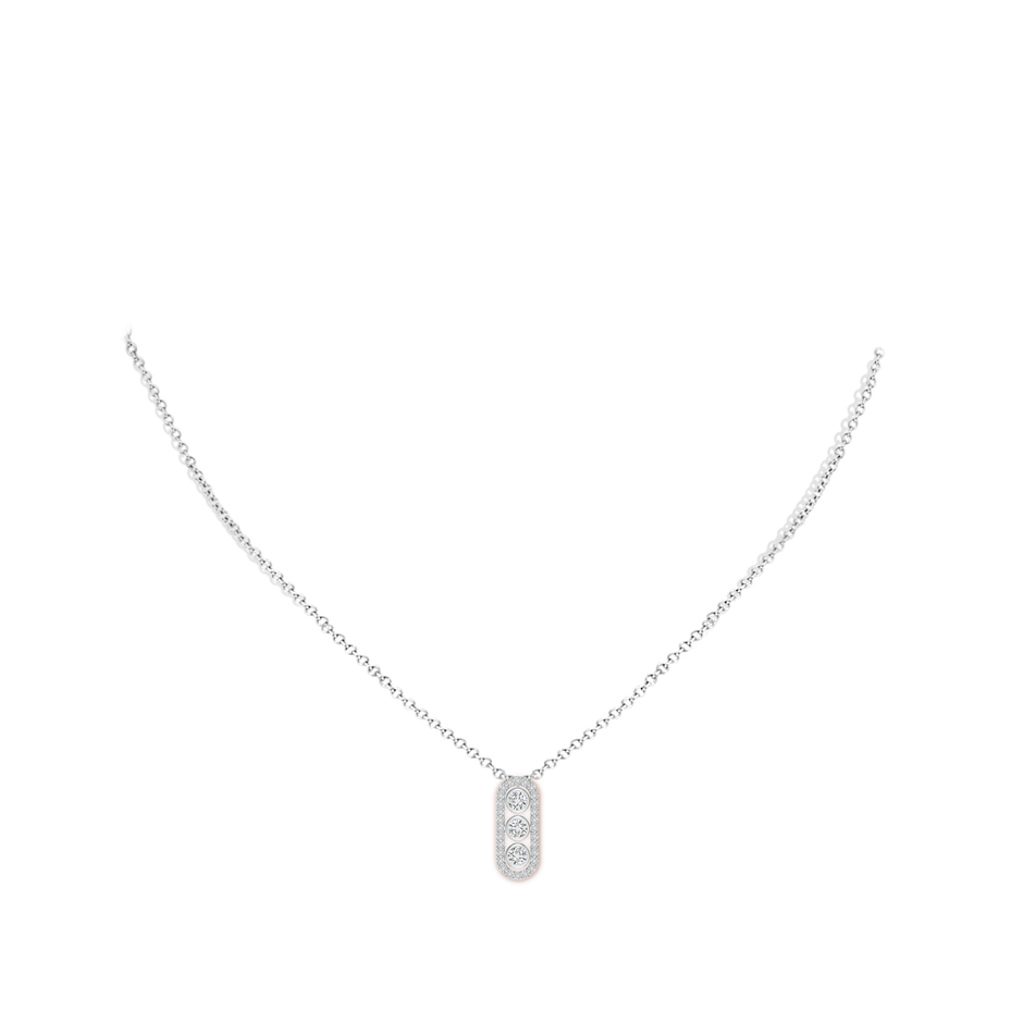 2.9mm HSI2 Three Stone Round Diamond Oval Halo Pendant in White Gold body-neck