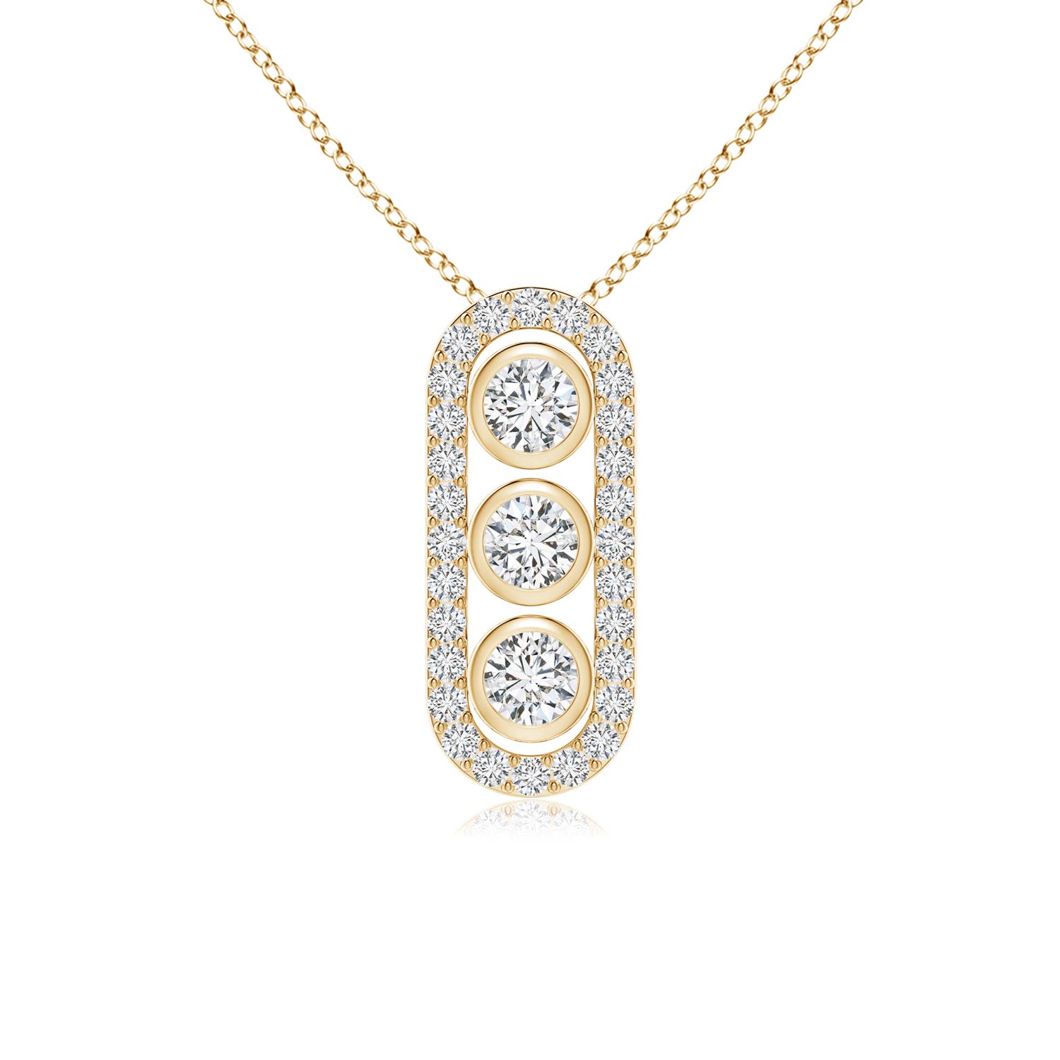3.4mm HSI2 Three Stone Round Diamond Oval Halo Pendant in Yellow Gold