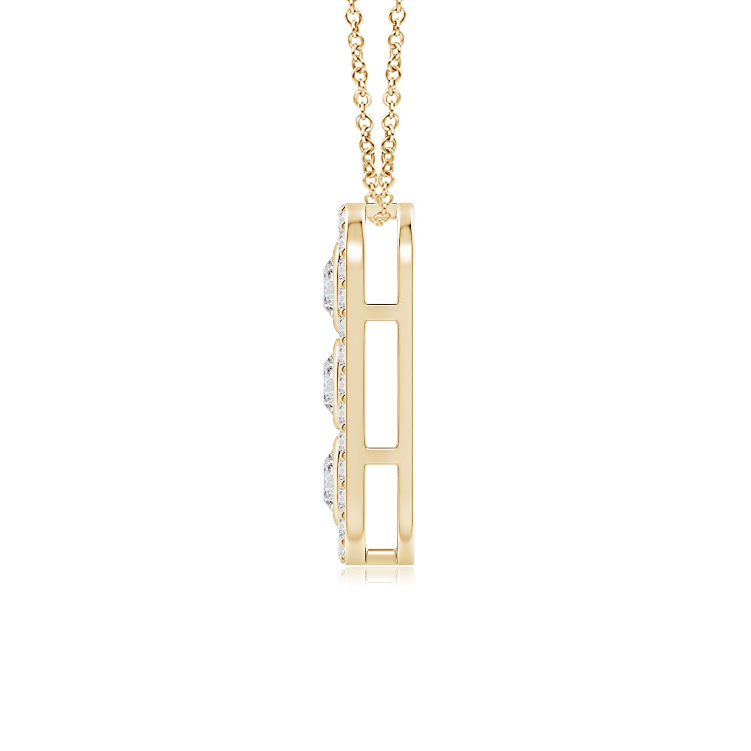 3.4mm HSI2 Three Stone Round Diamond Oval Halo Pendant in Yellow Gold
